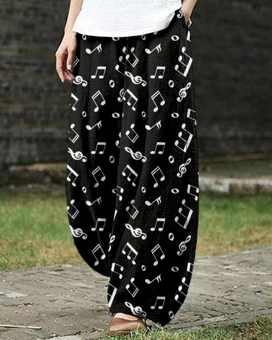 Music Notes Graphic Linen Blend Casual Pants