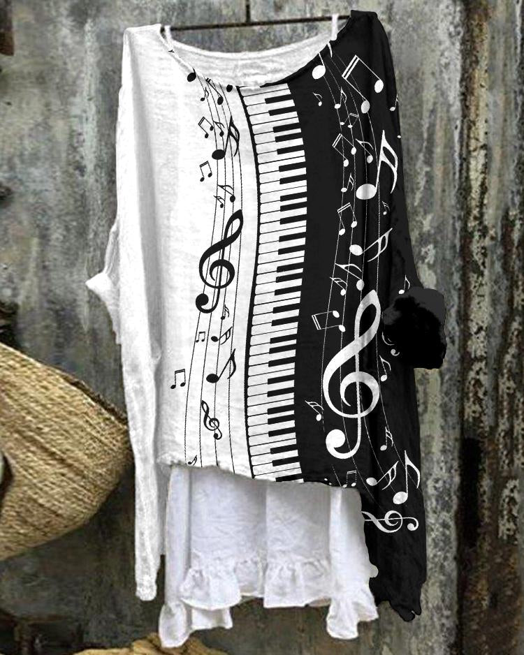 Piano Keys Music Notes Contrast Linen Blend Flowy Tunic