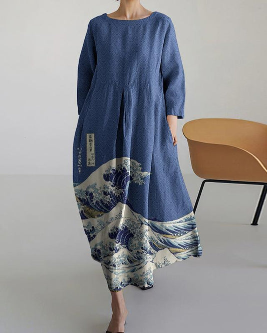 Japanese Art Pattern Linen Blend Midi Dress