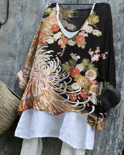 Chrysanthemum Japanese Floral Contrast Linen Blend Tunic