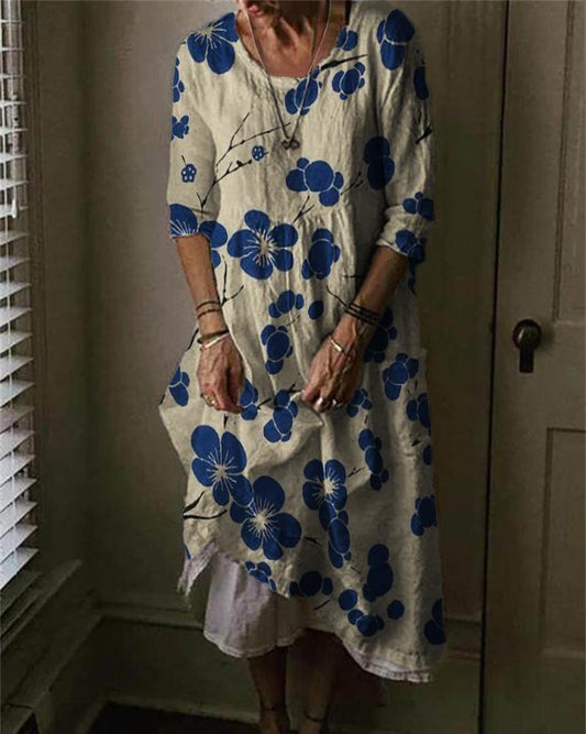 Cherry Blossom Japanese Lino Art Linen Blend Maxi Dress