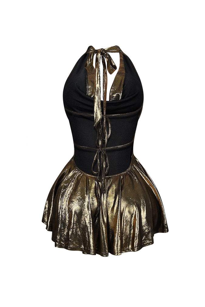 Foil Halter Flare Mini Dress