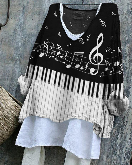 Music Notes & Piano Keys Contrast Linen Blend Tunic