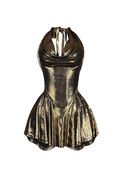 Foil Halter Flare Mini Dress