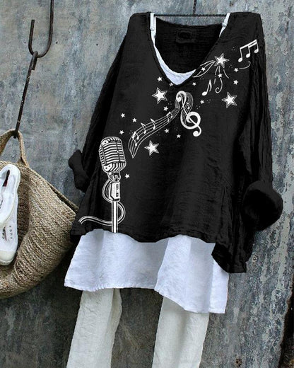 Microphone And Music Notes Pattern Linen Blend Tunic