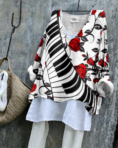 Red Roses And Piano Keys Line Blend Flowy Tunic