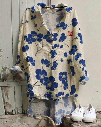 Cherry Blossom Japanese Lino Art Irregular Leisure Tunic