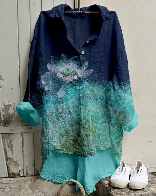 Ombre Lotus Print Linen Blend High Low Tunic