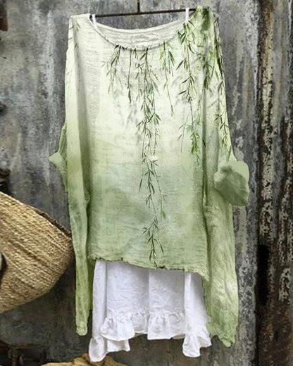 Elegant Willow Leaf Gradient Color Linen Blend Flowy Tunic