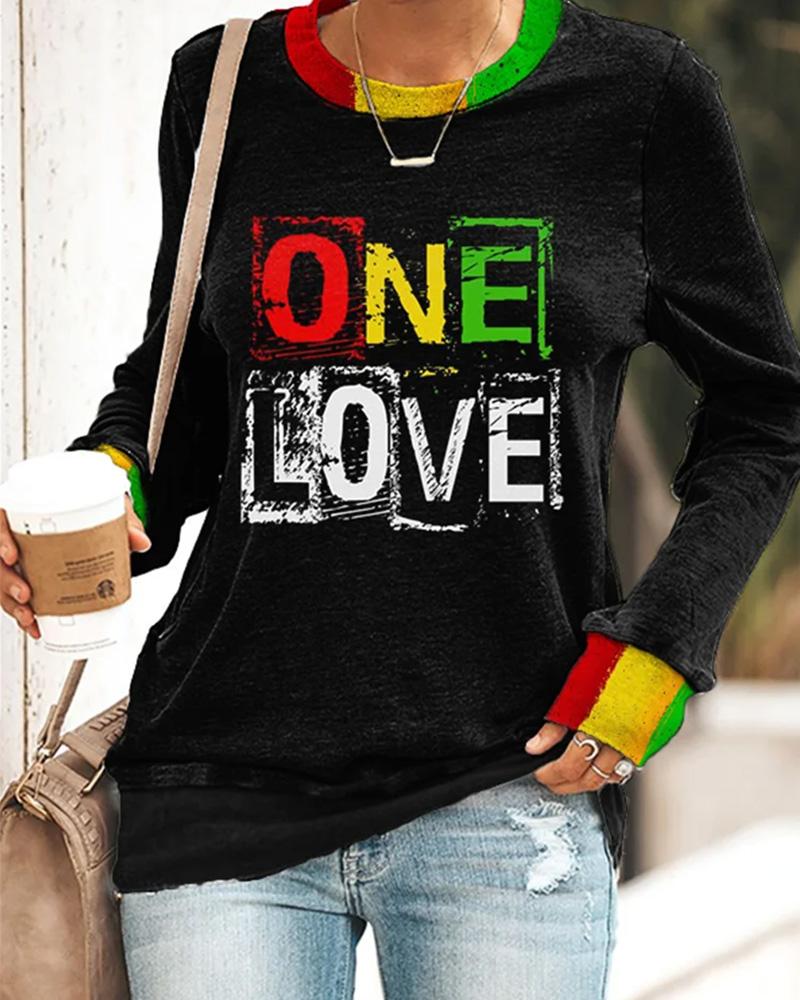 Black onelove printed round neck color-blocking long-sleeved shirt