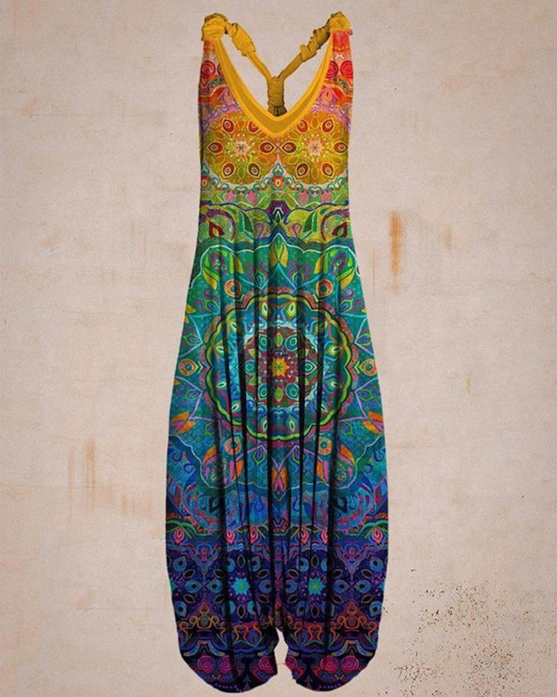 Gradient Ethnic Print Loose Jumpsuit