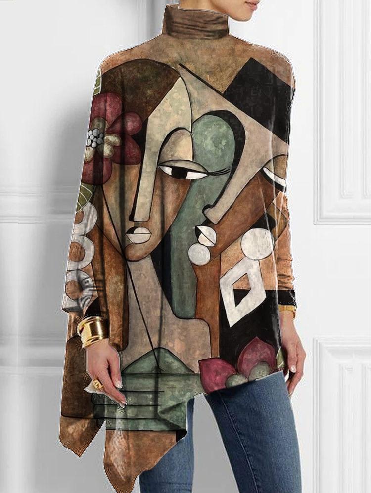 Afro-ethnic art print turtleneck long-sleeved top