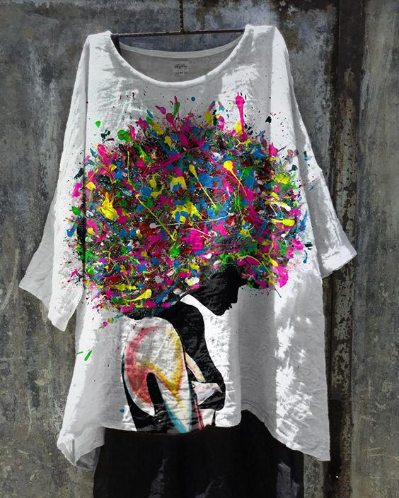 Colorful Afro Girl Oil Painting Linen Tunic Shirt