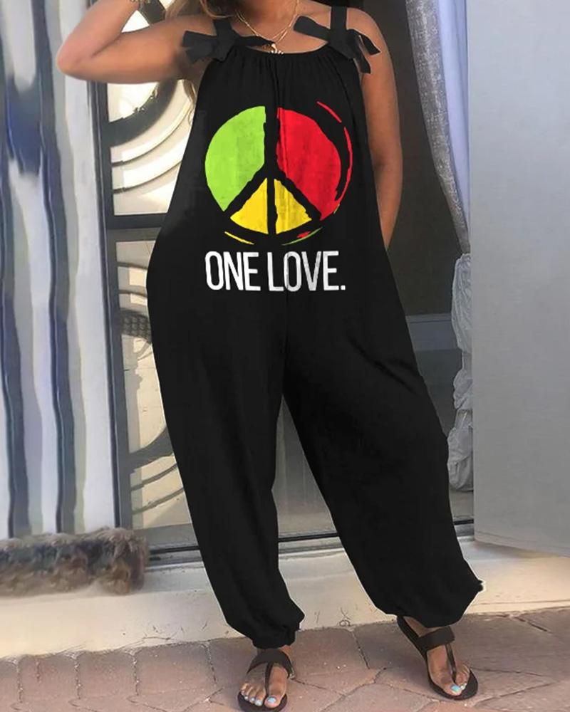 Loose onelove printed suspenders casual jumpsuit