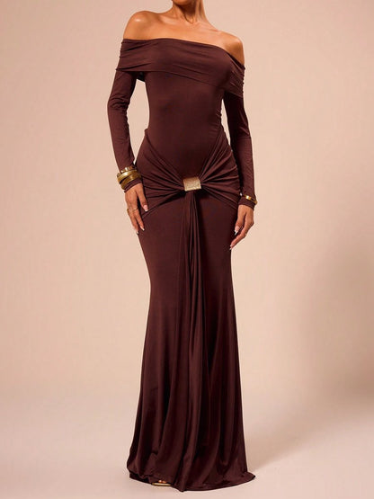 Off Shoulder Long Sleeve Wrap Maxi Dress