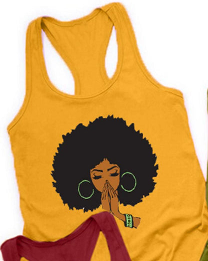 Cotton Fashion Black Girl Cartoon Avatar Print Racerback Tank Top