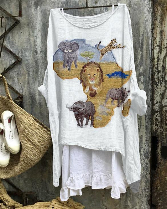 Africa Map Animal Print Linen Blend Flowy Tunic