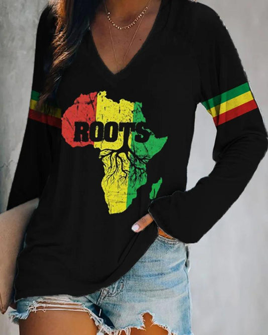 Roots Africa Map Stripe Print Long Sleeve T Shirt