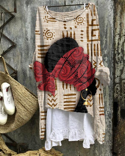 Tribal Print Red Hijab Girl Linen Blend Flowy Tunic