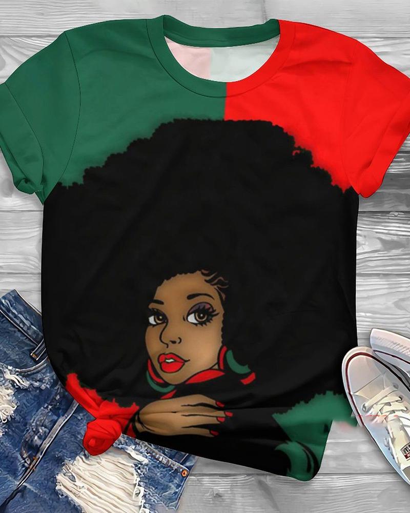 Fashionable Black Girl Contrasting Color Comic Print Short Sleeve Ladies