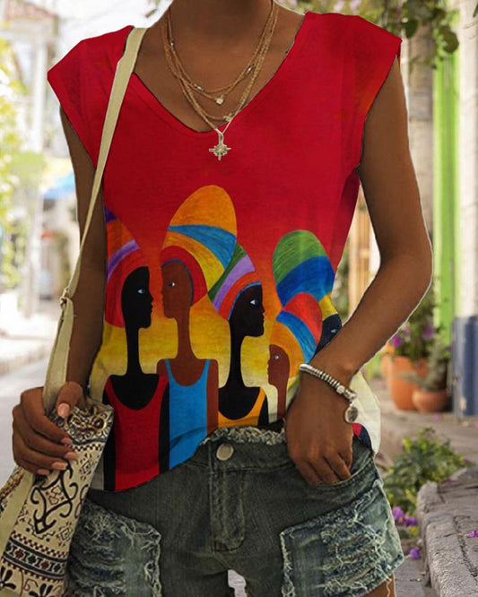 Casual Color Contrasting Black Girl Head Print V-neck Sleeveless Vest