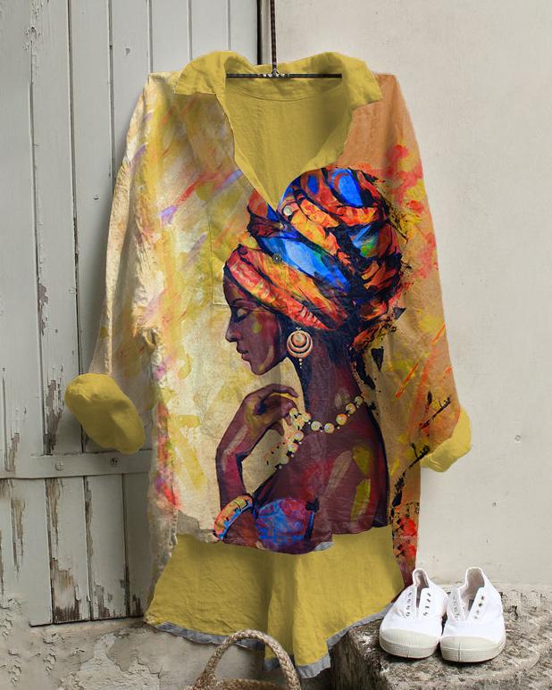 Hijab Woman Oil Painting Cotton And Linen Tunic Shirt