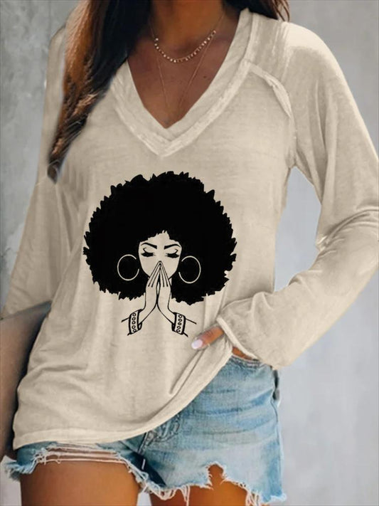 V-neck Afro Girl Making A Wish Long Sleeve T-shirt