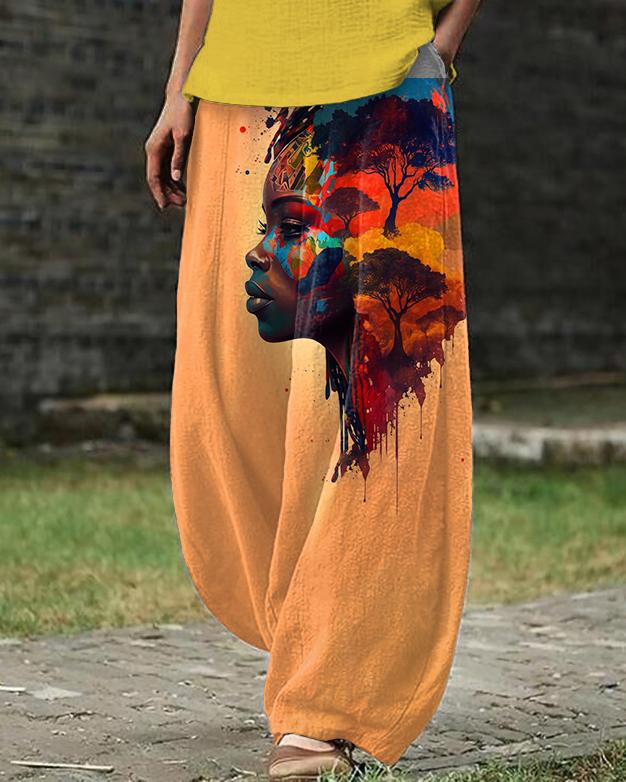 Forest Oil Painting Brown Girl Linen Blend Casual Pants