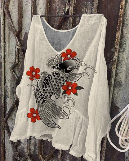 Ukiyo-e Flower koi Linen Tunic Shirt