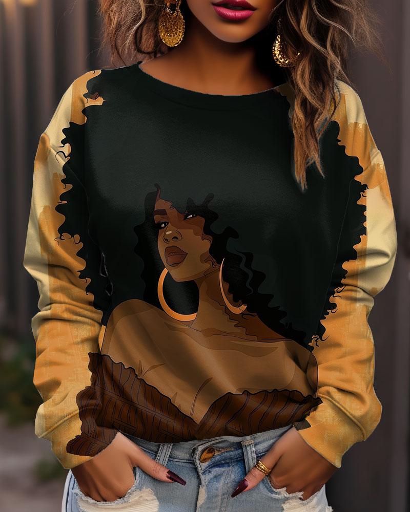 Women's Retro Afro Color Sexy Gold Earrings Long Sleeve Sweatshirt