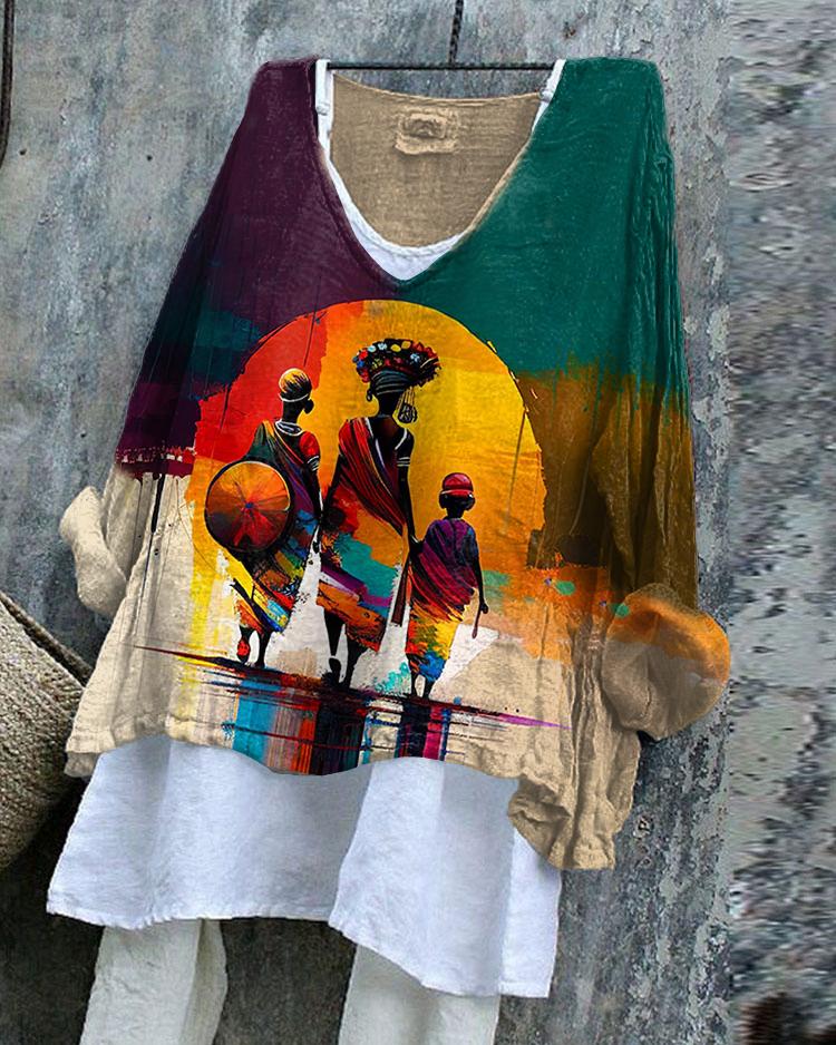 African Happy Family Oil Painting Linen Tunic Shirt