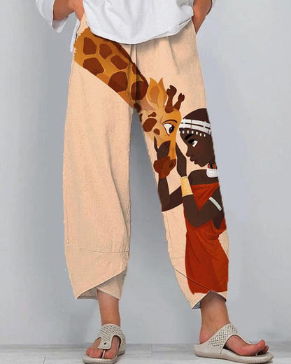 Black giraffe contrast color personalized print casual trousers