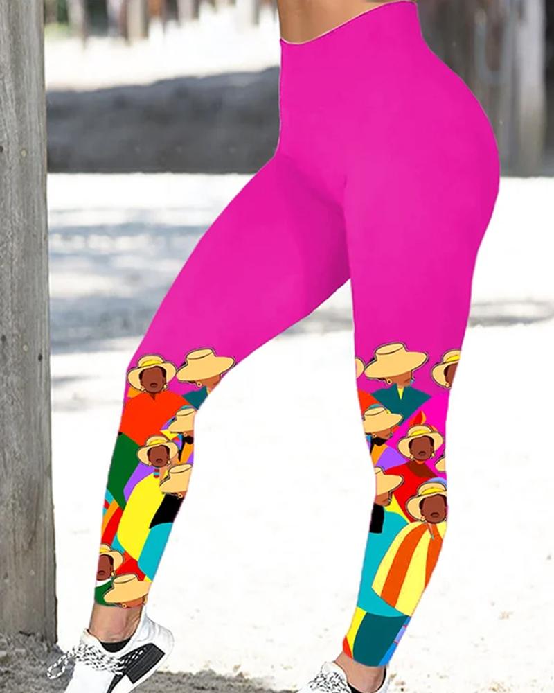 Black Ethnic Cartoon Print Casual Ladies Leggings