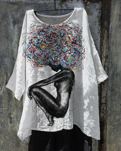 Black Girl Thinking Oil Painting Linen Tunic Shirt