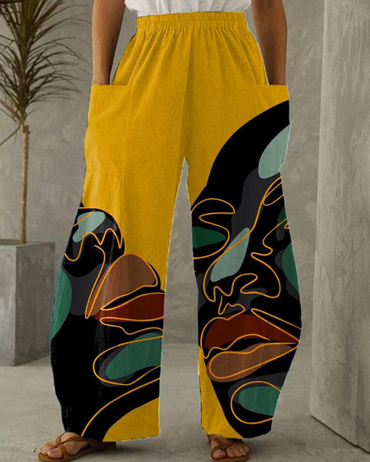 Artistic personality face contrast print casual pocket trousers