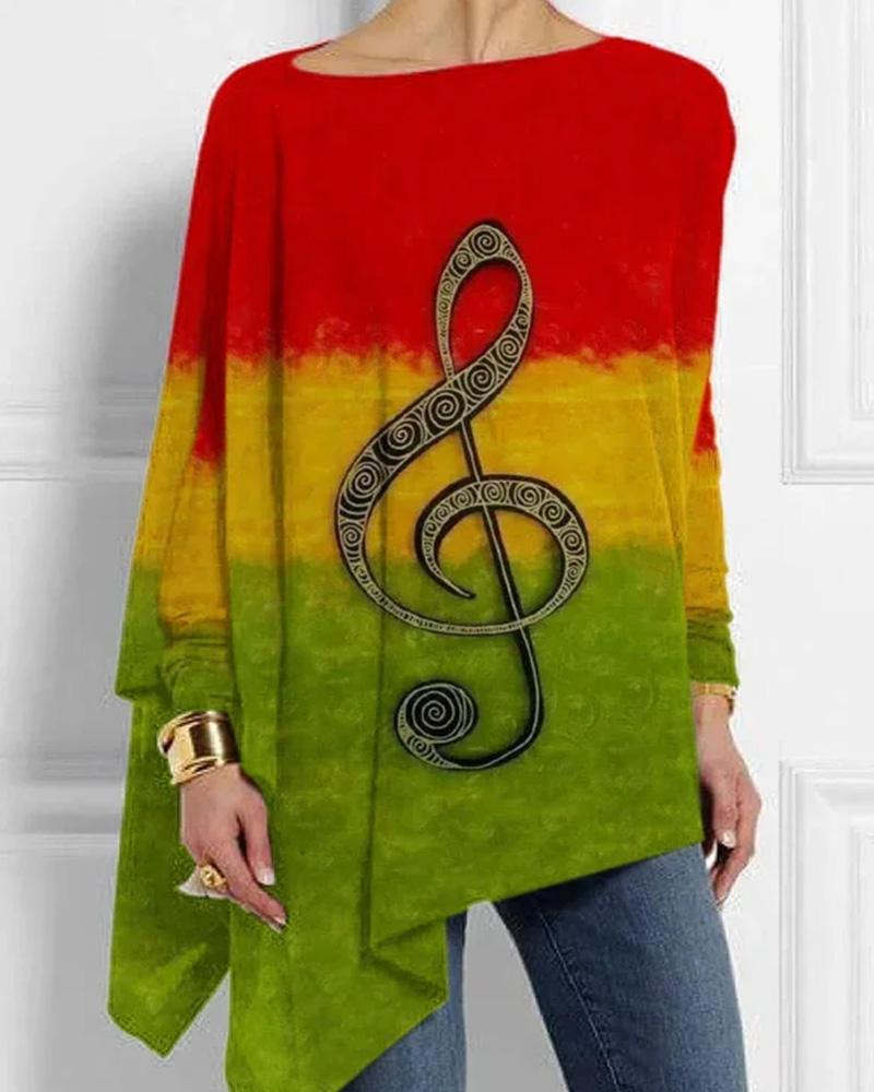 Contrasting musical note print irregular top