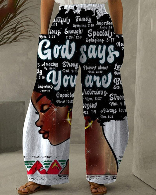 Black girl's letter print pocket wide leg pants