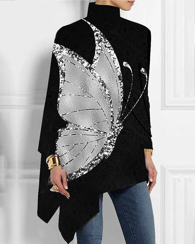 Silver Butterfly Sequins Half Turtleneck Hem Top