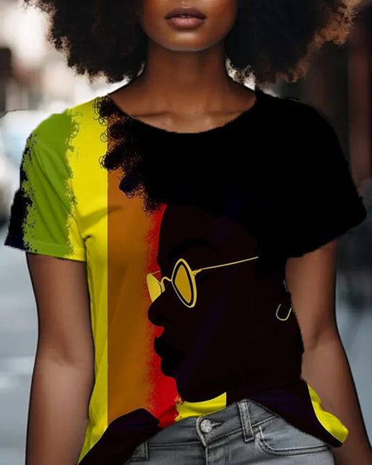 Black History Month Cartoon Girl with Dreadlocks Printed Short Sleeve T-Shirt