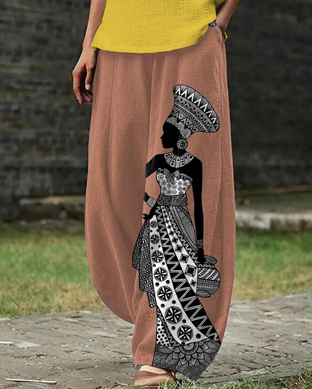 Digital Art Tribal Print Linen Blend Casual Pants