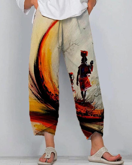 Black art fashion contrast color personalized print casual trousers