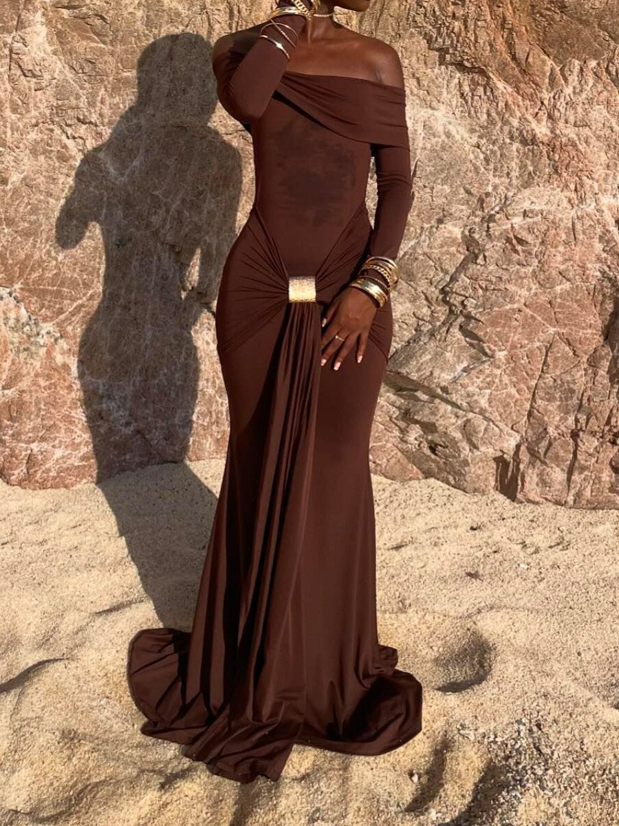 Off Shoulder Long Sleeve Wrap Maxi Dress