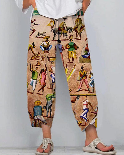 Black ethnic color contrast personality printed casual trousers