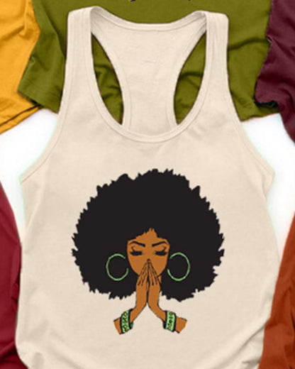 Cotton Fashion Black Girl Cartoon Avatar Print Racerback Tank Top