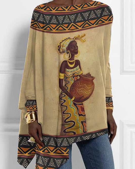 Women Tribal Printed Bat Sleeve T Shirt