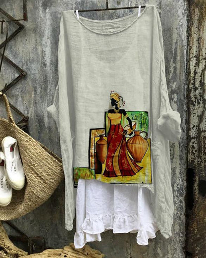 Retro Vase Girl Linen Blend Flowy Tunic