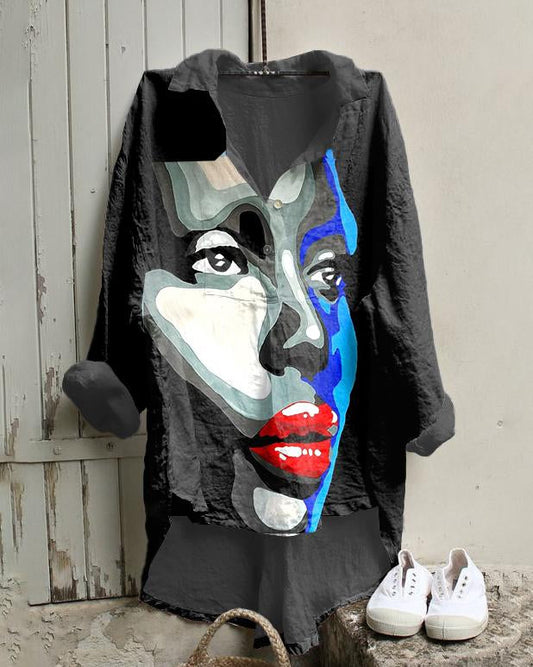 Girl Face Art Print Cotton And Linen Tunic Shirt