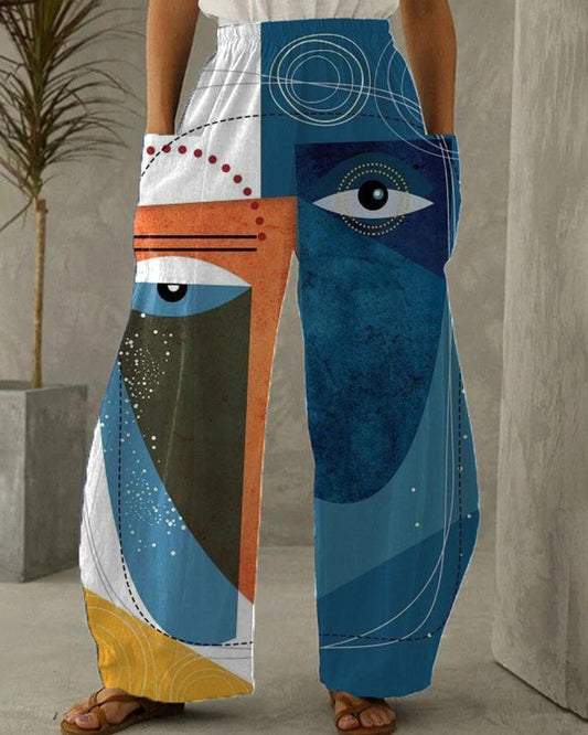 Artistic personality contrast print casual pocket trousers