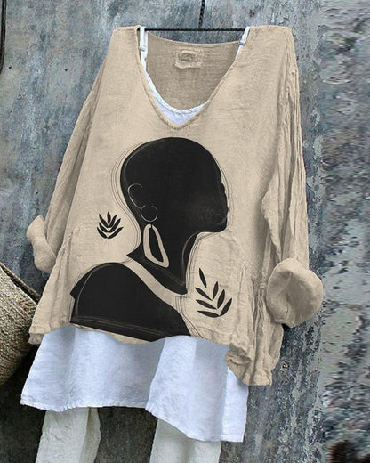 Bald Black Woman Art Painting Linen Tunic Shirt