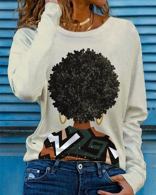 Artistic black afro head back print ladies long-sleeved top